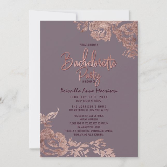 Elegant Rose Gold Floral Purple Mauve Bachelorette Invitation (Front)