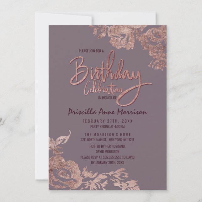 Elegant Rose Gold Floral Purple Mauve Birthday Invitation (Front)