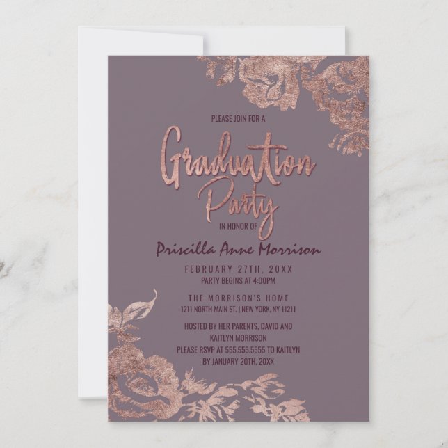 Elegant Rose Gold Floral Purple Mauve Graduation Invitation (Front)