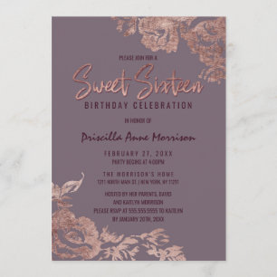 Elegant Rose Gold Floral Purple Mauve Sweet 16 Invitation