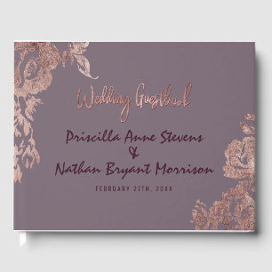 Elegant Rose Gold Floral Purple Mauve Wedding Guest Book