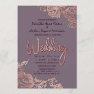 Elegant Rose Gold Floral Purple Mauve Wedding Invitation