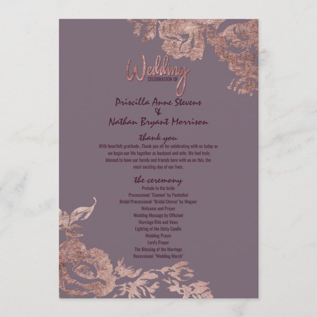 Elegant Rose Gold Floral Purple Wedding Program Programme (Front)