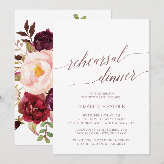 Elegant Rose Gold | Floral Rehearsal Dinner Invitation (Front/Back)
