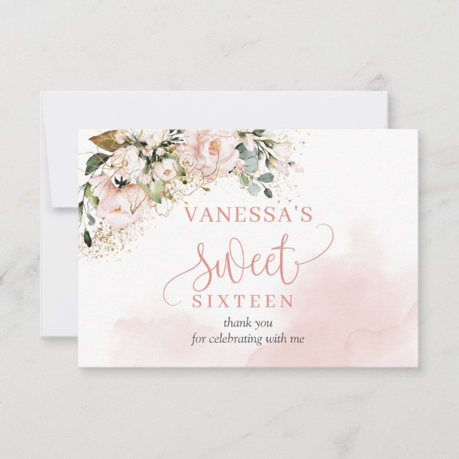Elegant rose gold floral sage 16th Birthday Party  Thank You Card (Front)