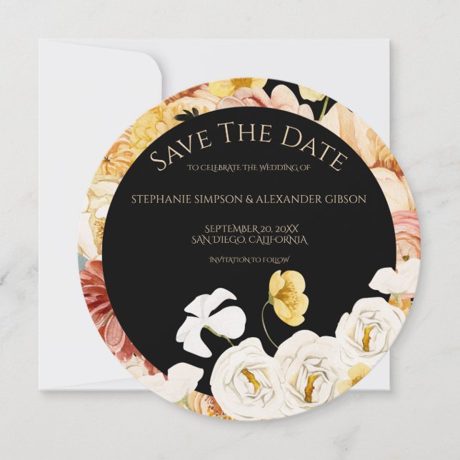 Elegant Rose Gold Floral Save The Date Card (Front)