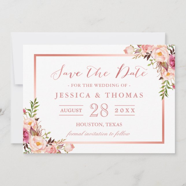 Elegant Rose Gold Floral Wedding Save the Date (Front)