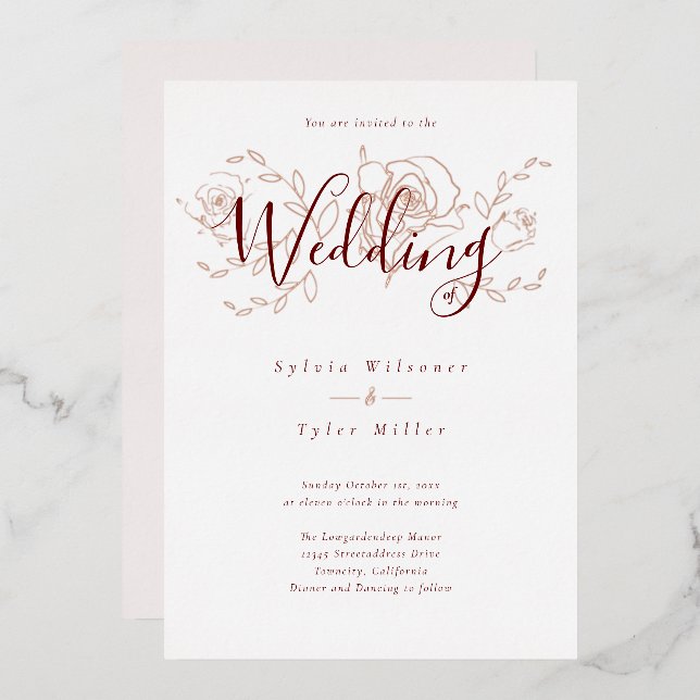 Elegant Rose Gold Floral White Burgundy Wedding Fo (Front/Back)