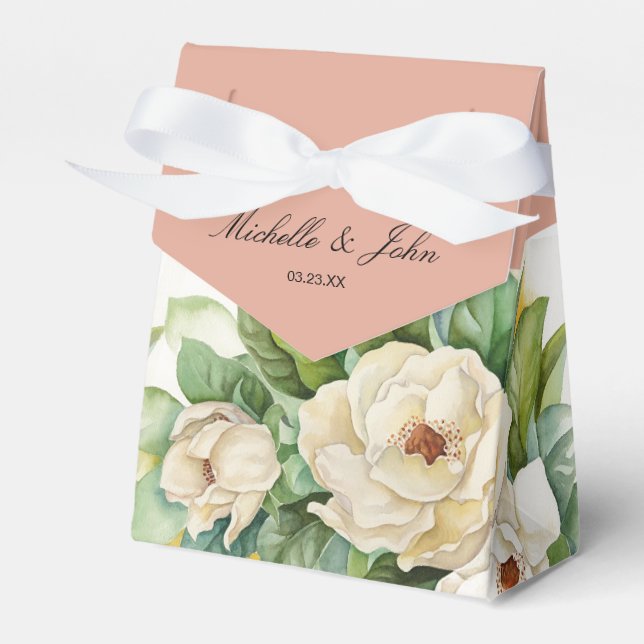 Elegant Rose Gold Floral White Magnolia Name Favour Box (Front Side)