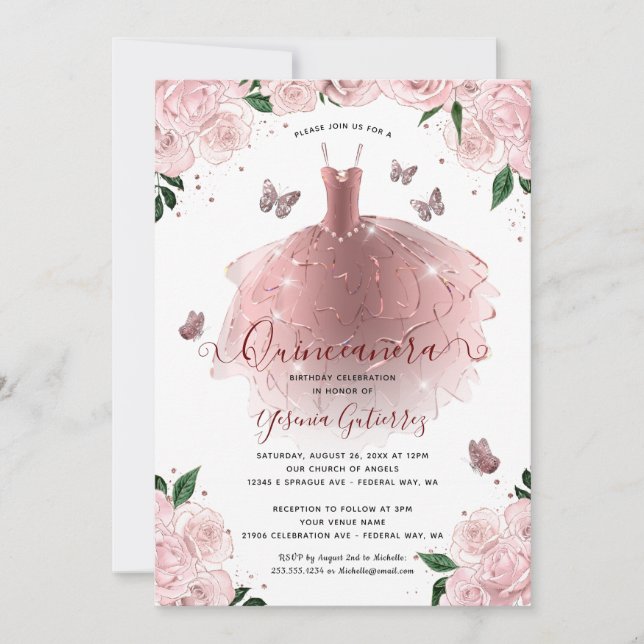Elegant Rose Gold FloralQuinceañera Dress Invitation (Front)