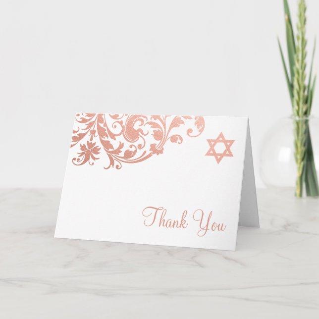 Elegant Rose Gold Flourish Bat Mitzvah Thank You Card (Front)