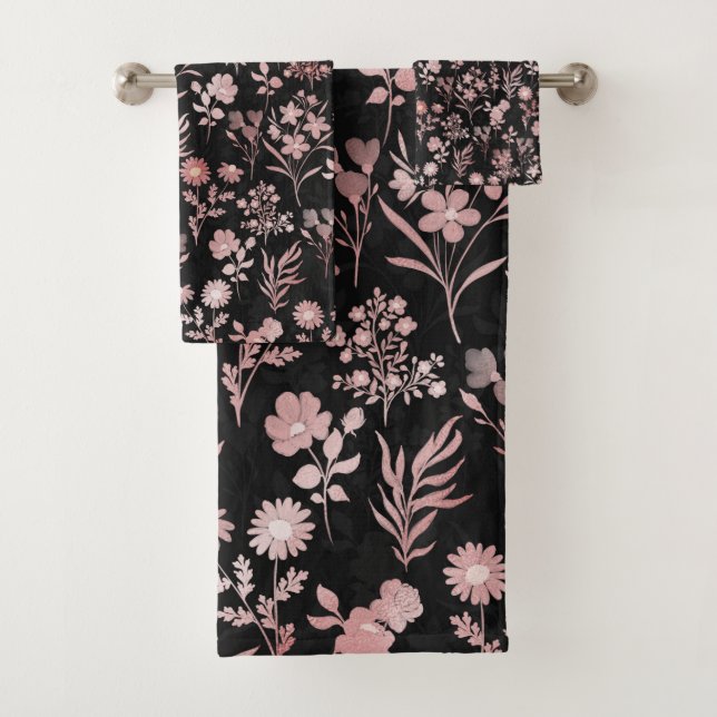 Elegant Rose Gold Flowers Black Botanical Bath Towel Set (Insitu)