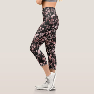 Elegant Rose Gold Flowers Black Botanical Capri Leggings