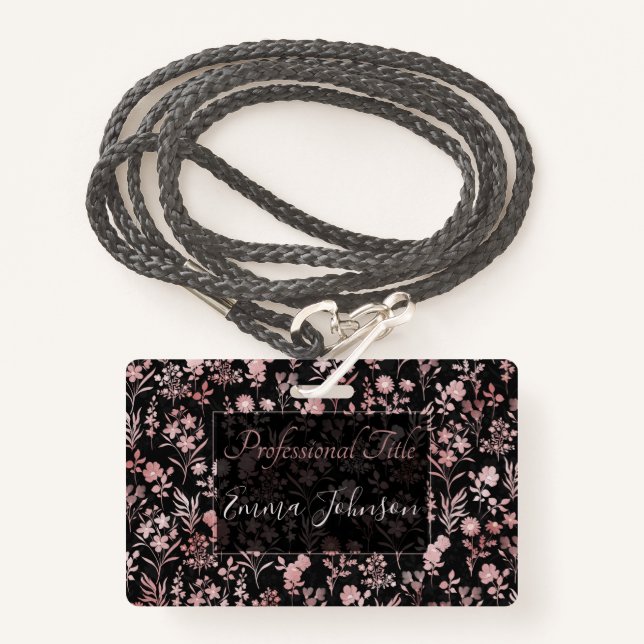 Elegant Rose Gold Flowers Black Botanical ID Badge (Front with Lanyard)