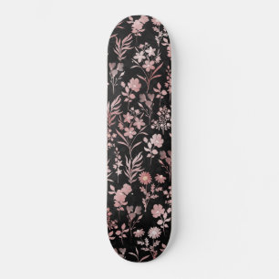 Elegant Rose Gold Flowers Black Botanical Skateboard