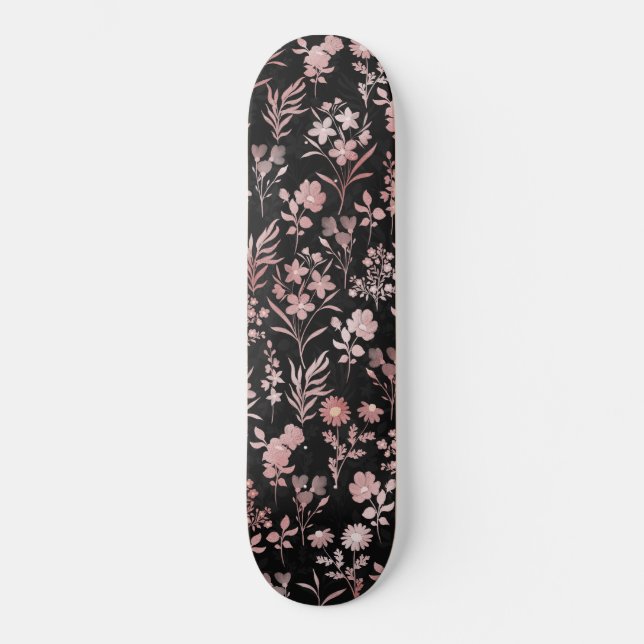Elegant Rose Gold Flowers Black Botanical Skateboard (Front)