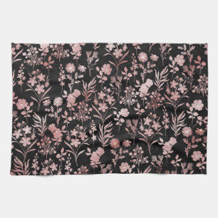 Elegant Rose Gold Flowers Black Botanical Tea Towel