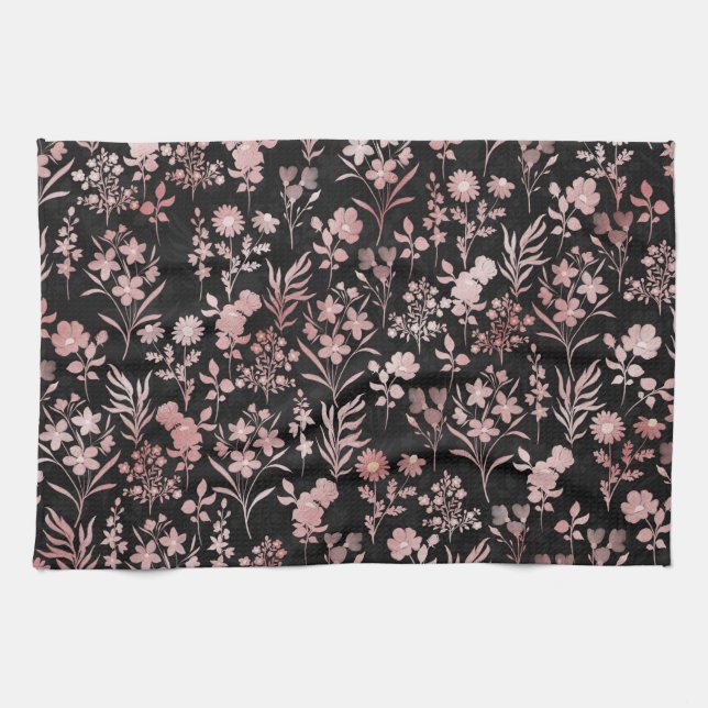 Elegant Rose Gold Flowers Black Botanical Tea Towel (Horizontal)