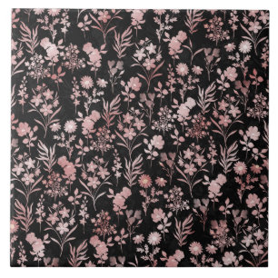 Elegant Rose Gold Flowers Black Botanical Tile