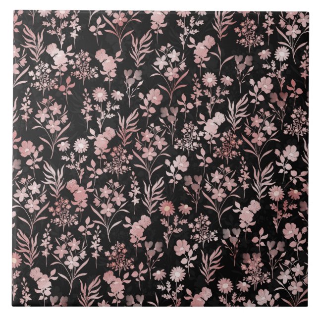 Elegant Rose Gold Flowers Black Botanical Tile (Front)