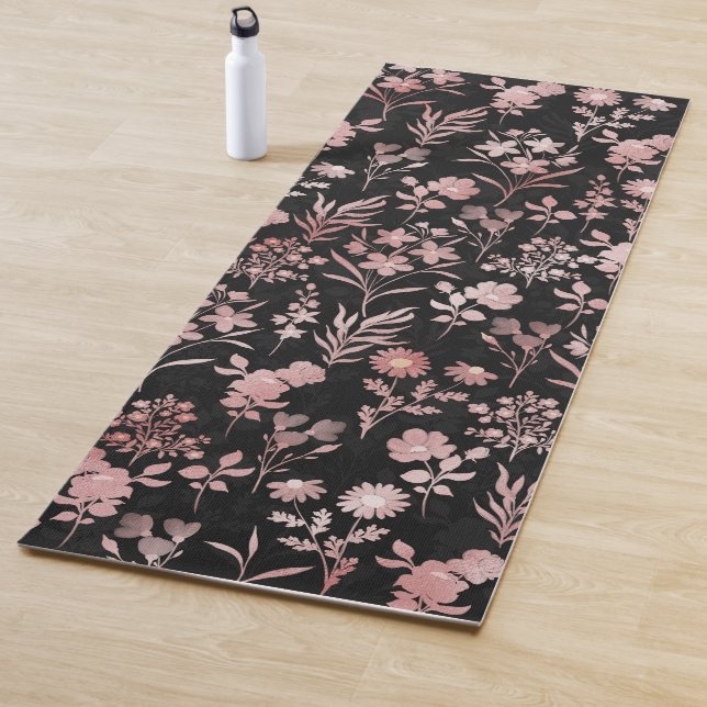 Elegant Rose Gold Flowers Black Botanical Yoga Mat (In Situ)
