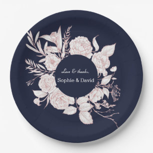 Elegant Rose Gold Flowers Navy Blue Wedding Paper Plate