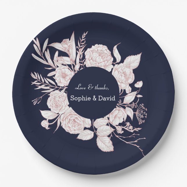 Elegant Rose Gold Flowers Navy Blue Wedding Paper Plate (Front)