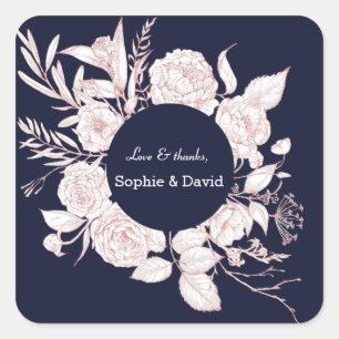 Elegant Rose Gold Flowers Navy Blue Wedding Square Sticker