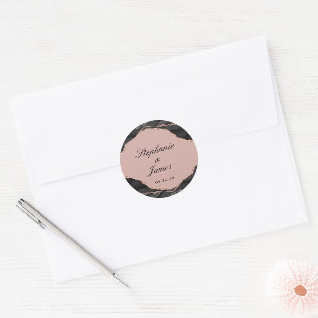 Elegant Rose Gold Foil Agate Wedding Classic Round Sticker (Envelope)