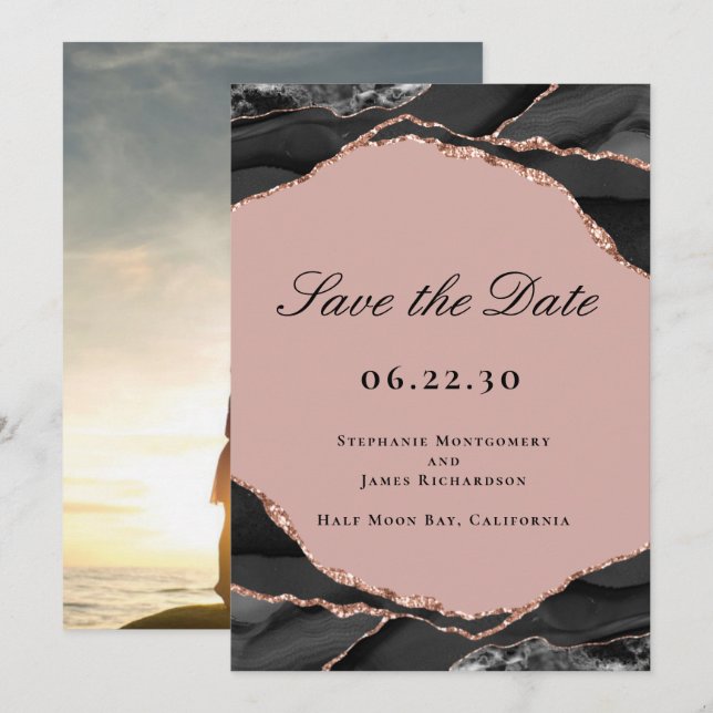 Elegant Rose Gold Foil Agate Wedding Photo Save The Date (Front/Back)