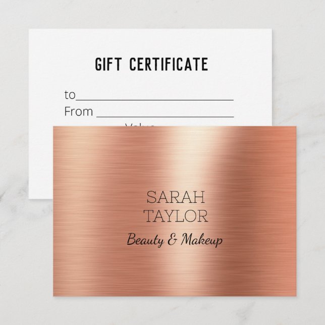 Elegant Rose Gold Foil Black Gift Certificate  (Front/Back)