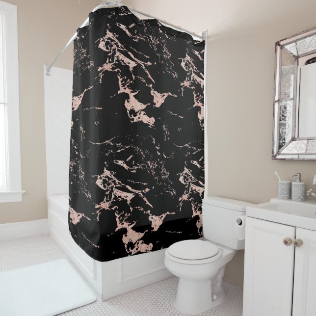 Elegant Rose Gold Foil Black Marble Shower Curtain (In Situ)