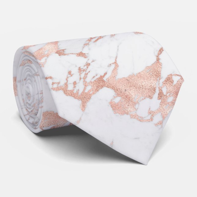 Elegant Rose Gold Foil Chic White Marble Tie (Rolled)