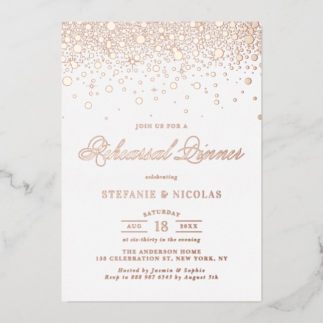 Elegant Rose Gold Foil Confetti Rehearsal Dinner (Front)