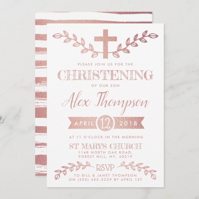 Elegant Rose Gold Foil Cross & Foliage Christening Invitation (Front/Back)