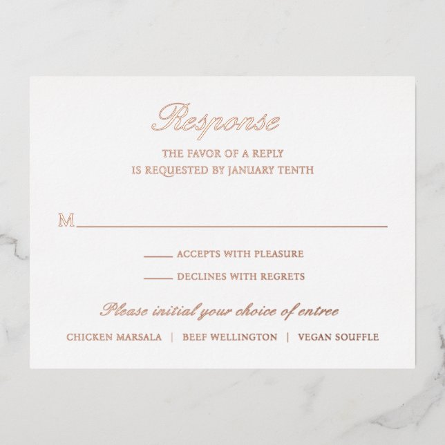 Elegant Rose Gold Foil Formal Wedding RSVP Card (Front)