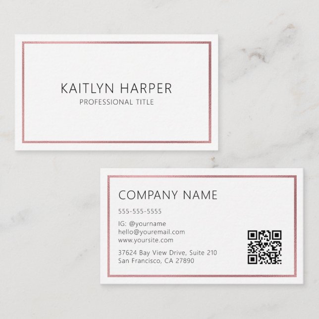 Elegant Rose Gold Foil Frame Minimal QR Code Business Card (Front/Back)