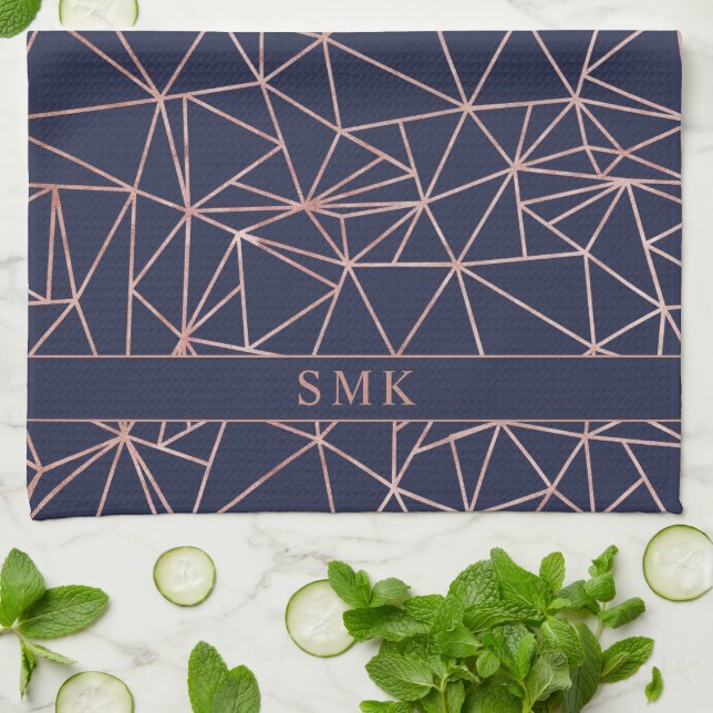 Elegant Rose Gold Foil Geometric Polygon Navy Blue Tea Towel (Folded)