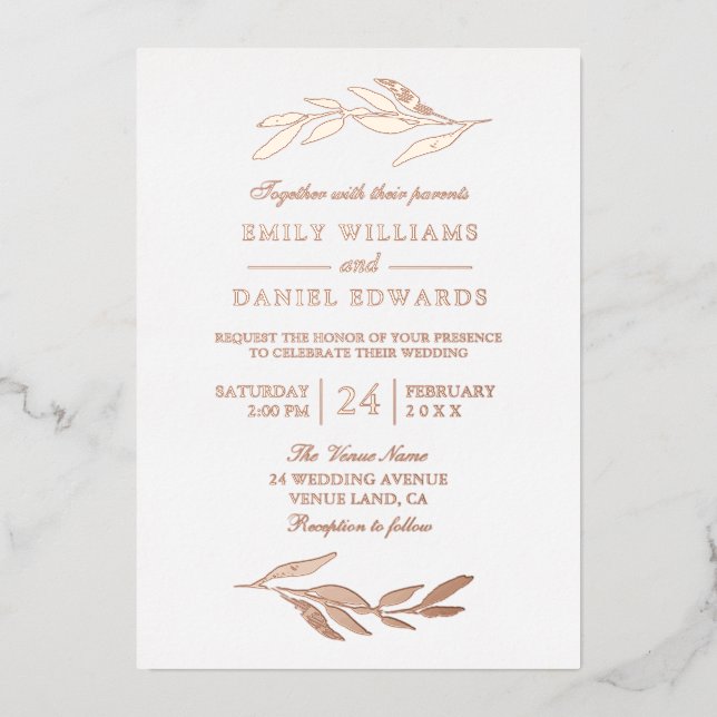 Elegant Rose Gold Foil Leaves Modern Wedding (Front)
