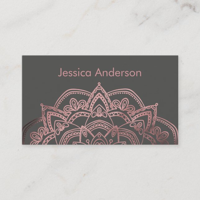 Elegant Rose Gold Foil Mandala Over Dark Grey Business Card (Front)