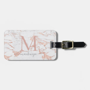 Elegant Rose Gold Foil Marble Monogram Luggage Tag