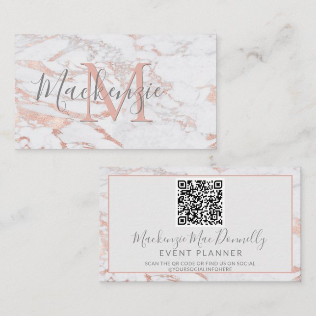 Elegant Rose Gold Foil Marble Monogram QR Code Business Card (Front/Back)
