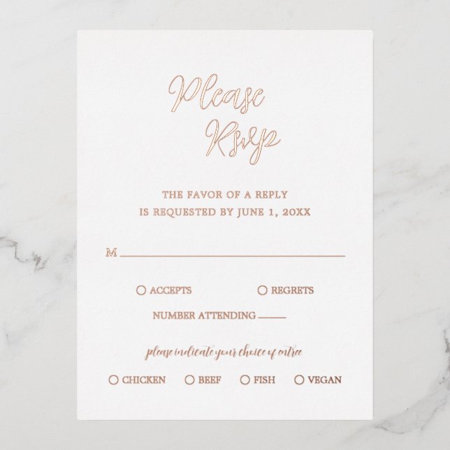 Elegant Rose Gold Foil Modern Wedding RSVP Card (Front)