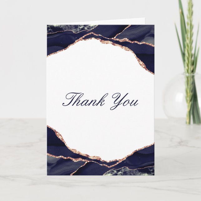 Elegant Rose Gold Foil Navy Agate Wedding Photo Thank You Card (Front)