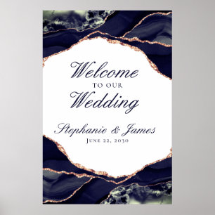 Elegant Rose Gold Foil Navy Agate Wedding Welcome Poster