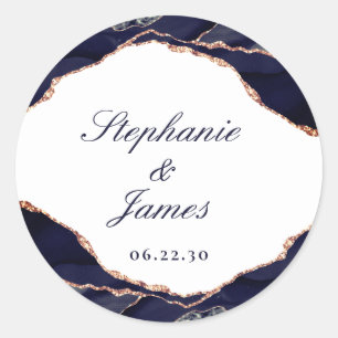 Elegant Rose Gold Foil Navy Blue Agate Wedding Classic Round Sticker