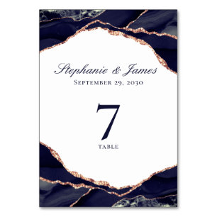 Elegant Rose Gold Foil Navy Blue Agate Wedding Table Number