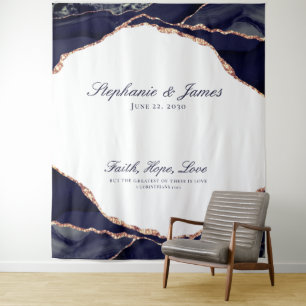 Elegant Rose Gold Foil Navy Blue Agate Wedding Tapestry