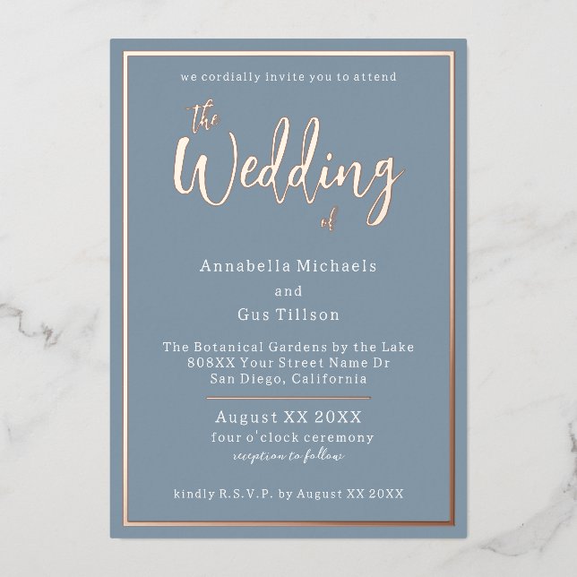 Elegant Rose Gold Foil on Dusty Blue Wedding (Front)