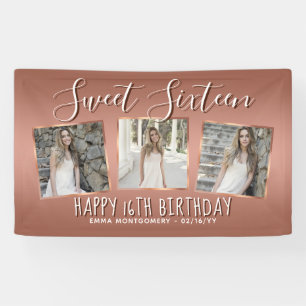 Elegant Rose Gold Foil Photo Collage 16th Birthday Banner